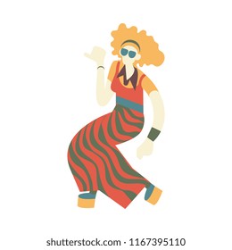 Vector caucasian woman dancing in retro 70s disco style. Flat silhouette illustration with attractive blonde hippie girl at vintage 80s party. Female dancer character, isolated illustration.