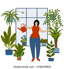 vector caucasian woman gardener planting plant indoor. watering can with flowers behind the window. modern illustration