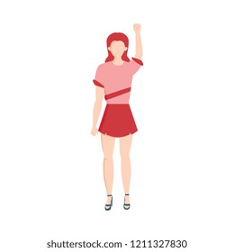 Vector caucasian young woman in red tshirt, skirt raising hand in fist up in female rights, feminism support and protest. Female character againts gender discrimination. Isolated illustration