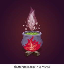 Vector cauldron with colorful witches magic potion. Fire and smoke. 