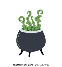 Vector cauldron with green boiling potion. Halloween cauldron illustration