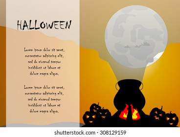 Vector : A cauldron and pumpkins with smoke halloween background