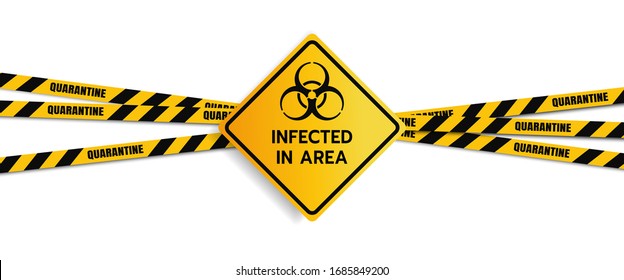 Vector Caution Sign of COVID-19. Warning Coronavirus Outbreak Infected Area Quarantine Area, Infection Virus Disease, Risk Area Zone. Biohazard With Euro Caution Tape. isolated on white background