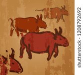 Vector Cave Drawing Illustration - Herd of Cows. Primitive Arts. Red Clay Paintings.