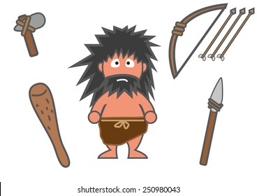 Vector caveman and equipments cartoon illustration.