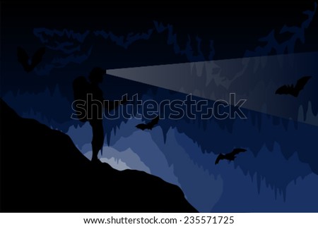 Vector caver in cave with stalactites and stalagmites and bats