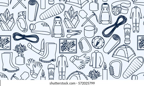 vector caving and climbing line icons background texture seamless pattern