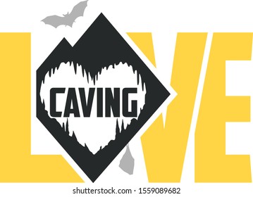 vector caving emblem labels with cave and bats. I love caving.
