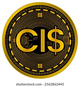 Vector of Cayman Islands Dollar Digital Currency in gold and black colors on a white background.