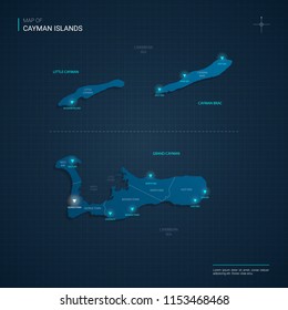 Vector Cayman Islands map illustration with blue neon lightpoints - triangle on dark blue gradient background. Administrative divisions, cities, borders, capital. Neon tech background with glow. 