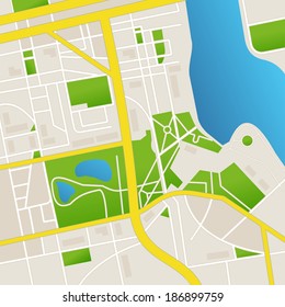 Vector cbstract city map. Streets and river