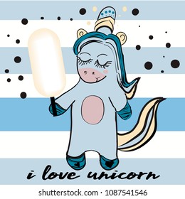 Vector ccomposition with unicorn and ice cream, . Cartoon style cute character