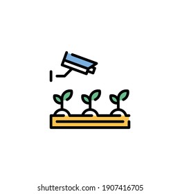 Vector CCTV cam monitoring icon. Linear illustration of smart farming digital process. Simple agriculture technology management symbol. Wireless camera video control concept