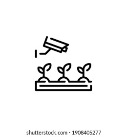 Vector CCTV cam monitoring icon. Outline illustration of smart farming digital process. Wireless camera video control concept. Agriculture technology management symbol