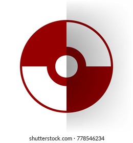 Vector CD or DVD sign. Vector. Bordo icon on white bending paper background.