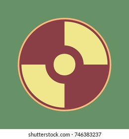 Vector CD or DVD sign. Vector. Cordovan icon and mellow apricot halo with light khaki filled space at russian green background.