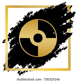 Vector CD or DVD sign. Vector. Golden icon at black spot inside golden frame on white background.