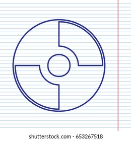 Vector CD or DVD sign. Vector. Navy line icon on notebook paper as background with red line for field.