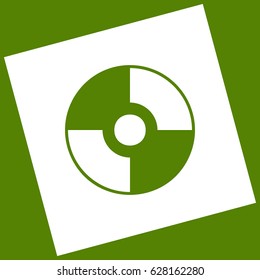 Vector CD or DVD sign. Vector. White icon obtained as a result of subtraction rotated square and path. Avocado background.