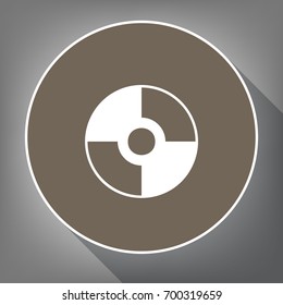 Vector CD or DVD sign. Vector. White icon on brown circle with white contour and long shadow at gray background. Like top view on postament.