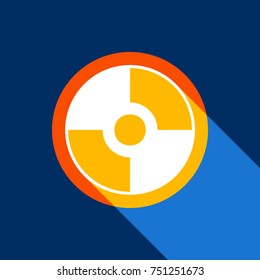 Vector CD or DVD sign. Vector. White icon on tangelo circle with infinite shadow of light at cool black background. Selective yellow and bright navy blue are produced.
