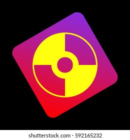 Vector CD or DVD sign. Vector. Yellow icon at violet-red gradient square with rounded corners rotated for dynamics on black background.