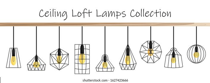 Vector ceiling loft lamp collection in flat style. Set of different geometric loft lamps and iron lampshades for indoor and outdoor interior. Illuminating objects with Edison bulbs in cage hanging 