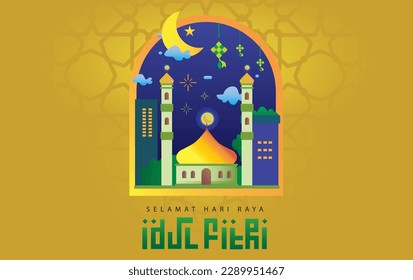 Vektor zelebriert Schriftart und dekorieren arabischen idul fitri mit Fenster-hellen Moschee und Gebäude aus Crescent Mond Sterne Wolken Feuerwerk in der Nacht flach Design