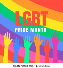 Vector for celebrating pride month; colorful hands on rainbow background