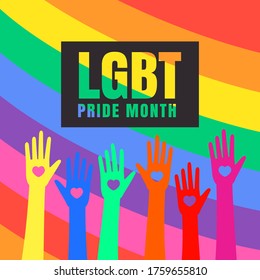 Vector for celebrating pride month; colorful hands on rainbow background