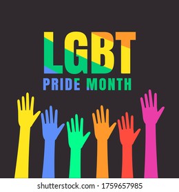 Vector for celebrating pride month; colorful hands on rainbow background