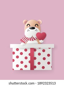 Vector celebratioin of cute dog in big gift box with heart. eps 10 vector