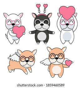 Vector celebratioin of cute dogs set with pink heart and wings. eps 10 vector.  