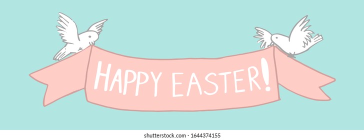 Vector Celebration banner. White Pigeons with classic ribbon and lettering on it Happy Easter. Hand drawn flat colorful illustration, perfect for cards, websites, invitation
