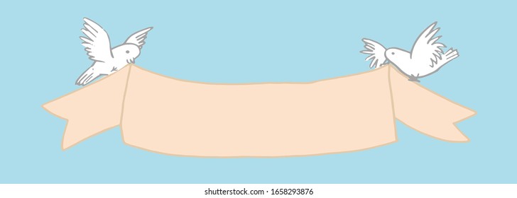 Vector Celebration banner. White Pigeons with classic ribbon with space for lettering. Hand drawn flat colorful illustration, perfect for cards, websites, invitation