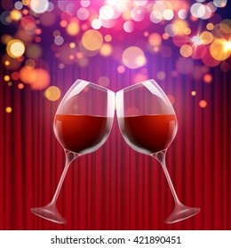 Vector celebration design with winglass and curtains. Show event celebration concept.
