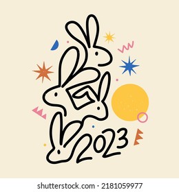 Vector celebration illustration of Chinese New Year 2023 symbol, year of the rabbit. Typography poster with black line art animal heads. Trendy party print design with hare and calligraphy