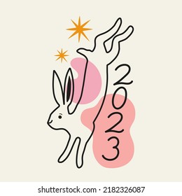 Vector celebration illustration of Chinese New Year 2023 symbol, year of the rabbit. Typography poster with black line art animal and stars. Trendy party print design with hare and calligraphy