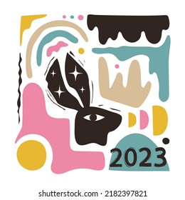 Ilustración de la celebración vectorial símbolo del Año Nuevo Chino 2023, año del conejo. Afiche de tipografía con cabeza de animal negro, estrellas, elementos abstractos escandinavos. Diseño de impresión de fiesta a la moda con conejito