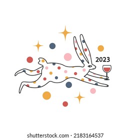 Vector celebration illustration of Chinese New Year 2023 symbol, Smiling running rabbit with red wine glass. Party typography poster with black line art animal and abstract colored splashes and stars.