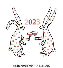 Vector celebration illustration of Chinese New Year 2023 symbol, couple rabbits with red wine glasses. Party typography poster with black line art animal and abstract colored splashes and stars.
