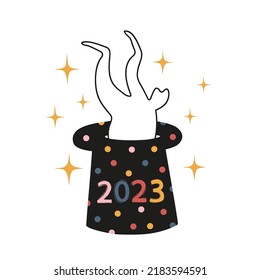 Vector celebration illustration of Chinese New Year 2023 symbol, year of the rabbit. White rabbit jumps into the conjurer hat. Trendy party print design with hare and calligraphy