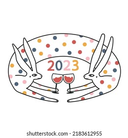 Vector celebration illustration of Chinese New Year 2023 symbol, rabbits with red wine glasses. Party typography poster with black line art animal, abstract confetti print
