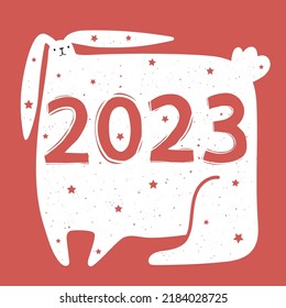 Vector celebration illustration of Chinese New Year 2023 symbol, year of the rabbit. Typography poster white rabbit, stars and number 2023. Trendy party print design with hare and calligraphy