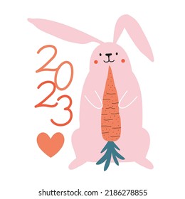 Vector celebration illustration of Chinese New Year 2023 symbol, year of the rabbit. Typography poster pink rabbit, carrot and number 2023. Trendy party print design with hare and calligraphy