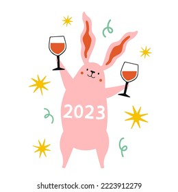 Vector celebration illustration of Chinese New Year 2023 symbol, year of the rabbit. Typography poster pink rabbit, wine glasses and number 2023. Trendy party print design with hare, stars