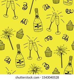 Vector celebration seamless pattern in yellow. Simple doodle toast, streamer, cupcake, fireworks, glass hand drawn made into repeat. Great for background, wallpaper, wrapping paper, packaging, party, 