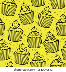 Vector celebration seamless pattern in yellow. Simple cupcake and confetti dots made into repeat. Great for background, wallpaper, wrapping paper, packaging, party, new year design.
