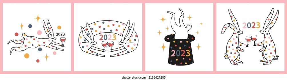 Vector celebration set illustration of Chinese New Year 2023 symbol, rabbits with red wine glasses. Party typography poster with black line art hares and colored splashes and stars. Abstract confetti 