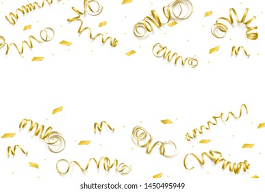 Vector celebration template with serpentine and confetti and carnival ribbon on white background. Holiday backgrop.